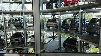 Inside one of the two 60-metre-tall (200 ft) towers in the Autostadt for collecting new cars directly at the factory with zero odometer reading