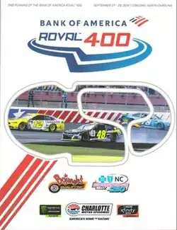 The 2019 Bank of America Roval 400 program cover, featuring the finish of last year's race between Jimmie Johnson, Martin Truex Jr., and last year's winner Ryan Blaney.