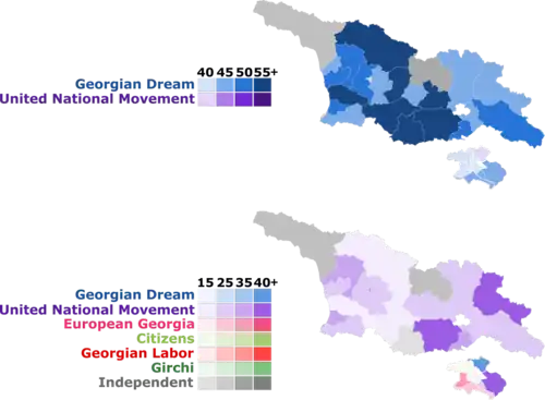Most voted for party (top) and the second most voted party (bottom) by constituency