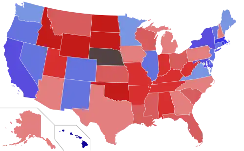 Lower house seats by party holding majority in each state Republican&nbsp;&nbsp;50–60%&nbsp;&nbsp;60–70%&nbsp;&nbsp;70–80%&nbsp;&nbsp;80–90%&nbsp;&nbsp;90–100% Democratic&nbsp;&nbsp;50–60%&nbsp;&nbsp;60–70%&nbsp;&nbsp;70–80%&nbsp;&nbsp;80–90%&nbsp;&nbsp;90–100%