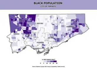 Map of the Black population by Census tract geography in the City of Toronto. Data is retrieved from Statistics Canada 2021 Census of population, Visible minority attribute. The highest populations are located in York, northern region of Etobicoke, western region of North York, and eastern region of Scarborough with census tracts of 15 to 50% Black individuals of the total population.