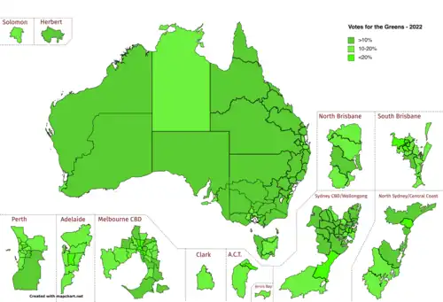 Greens party vote share by electorate