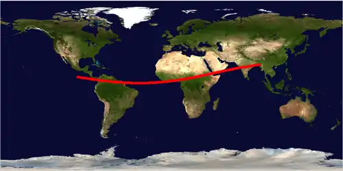 Satellite map of the world, with a curved red line stretching from the eastern equatorial Pacific Ocean to Bangladesh