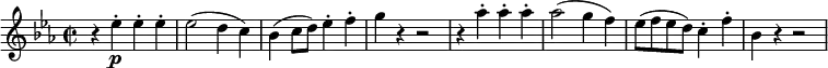 
\relative a' { 
\key ees \major
\time 2/2 
\tempo ""
\tempo 4 = 300
r4 ees'\p\staccato ees\staccato ees\staccato
ees2 (d4 c4)
bes (c8 d) ees4\staccato f\staccato
g r r2
r4 aes\staccato aes\staccato aes\staccato
aes2 (g4 f4)
ees8 (f ees d) c4\staccato f\staccato
bes, r r2
}
