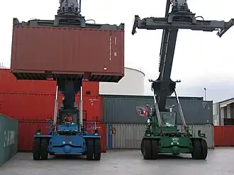 Frontal view of two reach stackers