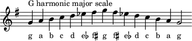 \header { tagline = ##f }
scale = \relative f' { \key g \major \omit Score.TimeSignature
g^"G harmonic major scale" a b c d es fis g fis es! d c b a g2 }
\score { { << \cadenzaOn \scale \context NoteNames \scale >> } \layout { } \midi { } }