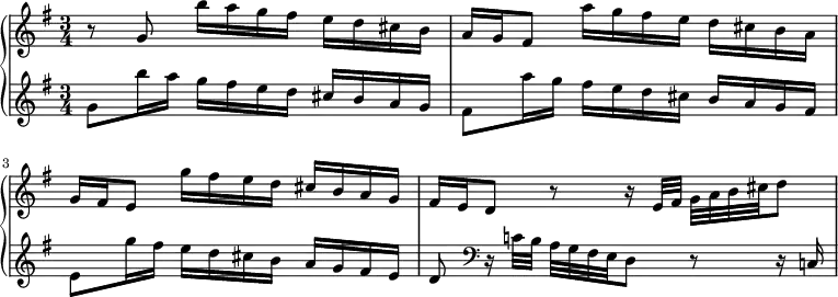 \new PianoStaff <<
\new Staff \relative c'' {
\key g \major \time 3/4
r8 g b'16 a g fis e d cis b |
a16 g fis8 a'16 g fis e d cis b a |
g16 fis e8 g'16 fis e d cis b a g |
fis16 e d8 r r16 e32 fis g a b cis d8 |
}
\new Staff \relative c'' {
\key g \major
g8 b'16 a g fis e d cis b a g |
fis8 a'16 g fis e d cis b a g fis |
e8 g'16 fis e d cis b a g fis e |
d8 \clef bass r16 c!32 b a g fis e d8 r r16 c! |
}
>>