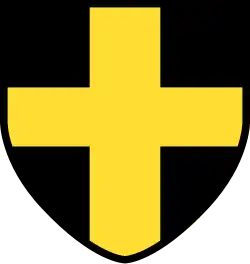 Resembling the flag of Saint David, a yellow cross on a black shield with a yellow border.