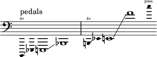 {
\new Staff \with { \omit Score.TimeSignature }
\clef bass \key c \major \cadenzaOn \omit Stem
\tweak font-size #-2 b,,,4 \finger \markup \text "4v" ^ "pedals"
\glissando
\tweak font-size #-2 ees,,4
e,,1 \glissando bes,,1
\bar "|"
\tweak font-size #-2 b,,4 \finger \markup \text "4v"
\glissando
\tweak font-size #-2 ees,4
e,1 \glissando f' \tweak font-size #-2 c''4 \finger \markup \text "poss."
}