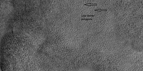 Low center polygons, shown with arrows, as seen by HiRISE under HiWish program Location is Casius quadrangle. Image was enlarged with HiView.