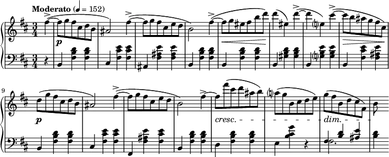 
\language english
\layout { \context { \PianoStaff \accidentalStyle piano-cautionary } }
\new PianoStaff
<<
  \new Staff \fixed c' {
    \key b \minor
    fs'4~->(
    fs'8 g' fs' cs' d' b | as2) fs'4~->( |
    8 g' fs' cs' e' d' | b2) fs'4~->( |
    8 g' es' fs' b' d'') | 4( es') d''~->( |
    4 e') cs''~->( | 8 b' as' g' fs' cs') |
    d'( g' fs' cs' d' b | as2) fs'4~->( |
    8 g' fs' cs' e' d' | b2) 
    fs'4~-> | 8 fs''( cs'' d'' as' b') |
    a'( g' b cs' d' e') | g'( fs' b d' cs' fs) | b
  }
  \new Dynamics {
    \time 3/4
    \tempo "Moderato" 4 = 152
    \partial 4
    s4 |
    s2.*4\p | s2.\< | s2.*2\! | s2.\> |
    s2.*4\p | s2.*2\cresc | s2.\dim | <>\!
  }
  \new Staff {
    \clef bass
    \key b \minor
    r4 |
    b,4 <fs b d'> q | cs <fs cs' e'> q |
    as, <fs as e'> <fs as e'> | b, <fs b d'> q |
    b, q q | b, <gs b d'> q |
    b, <g b e'> q | b, <fs cs' e'> <fs as e'> |
    b, <fs b d'> q | cs <fs cs' e'> q |
    fs, <fs as e'> <fs cs' e'> | b, <fs b d'> q |
    d <fs b d'> q | e <b cs' g'> r |
    << { fs <b d'> <as e'> } \\ fs2. >> | <b d'>4
  }
>>
