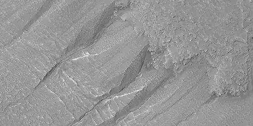 Polygons around gullies in crater, as seen by HiRISE under HiWish program Location is Hellas quadrangle.