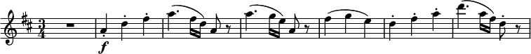 \relative a' {
\key d \major \time 3/4
R2. | a4-. \f d-. fis-.
a4.( fis16 d) a8 r | a'4.( g16 e) a,8 r
fis'4( g e) | d4-. fis-. a-.
d4.( a16 fis) d8-. r
}
