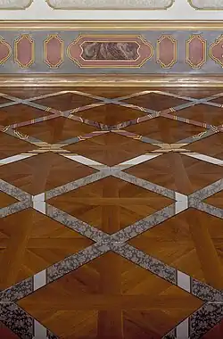 Installation, 2001 Mirror on parquet floor, approx. ca. 800/700/1&nbsp;cm (Museum Ettlingen/ Castle, November 2001)