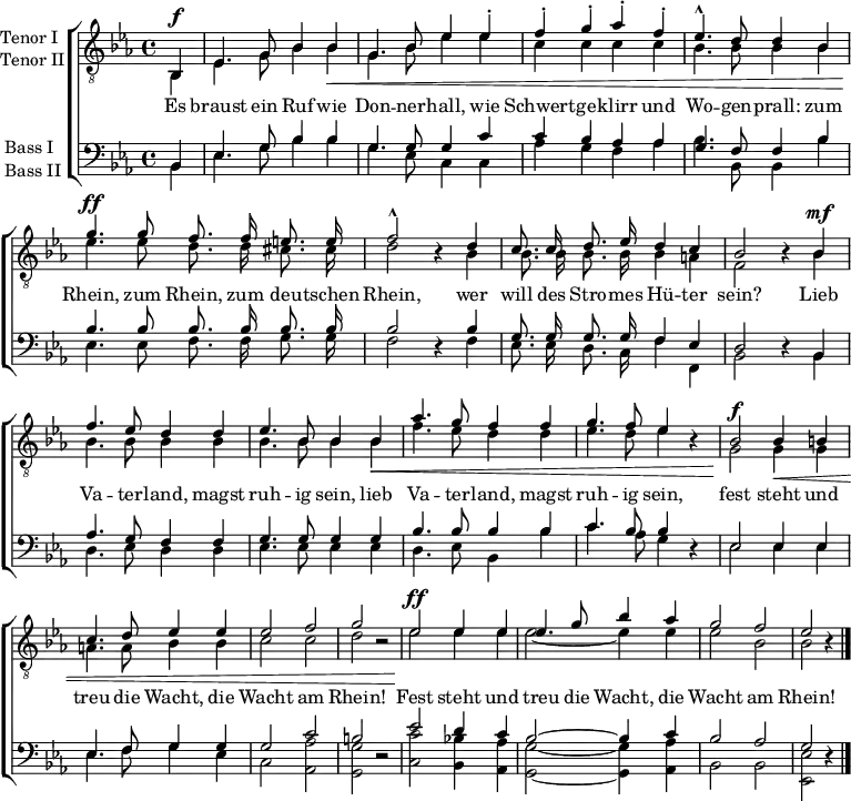
% From https://archive.org/details/GreefMliederH9Aufl6Essen1869/page/n3/mode/1up
% Wilhelm Greef: Männerlieder, alte und neue, für Freunde des mehrstimmigen Männergesanges. 9. Heft, 6. (Stereotyp-) Auflage, Bädeker, Essen 1869
\header { tagline = ##f }
\layout { \context { \Score \remove "Bar_number_engraver" } }

global = { \key es \major \time 4/4 \partial 4 }

tenorOne = \relative c { \global \autoBeamOff
  bes4^\f | es4. g8 bes4 bes\< | g4. bes8 es4
  es-. | f4-. g-. as-. f-. | es4.-^ d8 d4
  bes | g'4.^\ff g8 f8. f16 e8. e16 | f2-^ r4
  d4 | c8. c16 d8. es16 d4 c | bes2 r4
  bes^\mf | f'4. es8 d4 d | es4. bes8 bes4
  bes\< |aes'4. g8 f4 f | g4. f8 es4 r |
  bes2^\f bes4\< b | c4. d8 es4 es| es2 f | g2 r2 |
  es2^\ff es4 es | es4. g8 bes4 as | g2 f | es2 r4 \bar "|."
}

tenorTwo = \relative c { \global \autoBeamOff
  bes4 | es4. g8 bes4 bes | g4. bes8 es4
  es | c c c c | bes4. bes8 bes4
  bes | es4. es8 d8. d16 cis8. cis16 | d2 r4
  bes4 | bes8. bes16 bes8. bes16 bes4 a | f2 r4
  bes4 | bes4. bes8 bes4 bes | bes4. bes8 bes4
  bes | f'4. es8 d4 d | es4. d8 es4 r |
  g,2 g4 g | a4. a8 bes4 bes | c2 c | d r2 |
  es2 es4 es | es2~ es4 es | es2 bes | bes r4 \bar "|."
}

bassOne = \relative c { \global \autoBeamOff
  bes4 | es4. g8 bes4 bes | g4. \hide DynamicText g8\p g4
  c | c bes as as | g4. f8 f4
  bes | bes4. bes8 bes8. bes16 bes8. bes16 | bes2 r4
  bes | g8. g16 g8. g16 f4 es | d2 r4
  bes4 | as'4. g8 f4 f | g4. g8 g4
  g4 | bes4. bes8 bes4 bes | c4. bes8 bes4 r4 |
  es,2 es4 es | es4. f8 g4 g | g2 c | b r2 |
  es d4 c | bes2~ bes4 c | bes2 as | g2 r4 \bar "|."
}
bassTwo = \relative c { \global \autoBeamOff
  bes4 | es4. g8 bes4 bes | g4. \hide DynamicText es8\p c4
  c | as' g f as | bes4. bes,8 bes4
  bes' | es,4. es8 f8. f16 g8. g16 | f2 r4
  f4 | es8. es16 d8. c16 f4 f, | bes2 r4
  bes4 | d4. es8 d4 d | es4. es8 es4
  es | d4. es8 bes4 bes' | c4. as8 g4 r |
  es2 es4 es | es4. f8 g4 es | c2 <as' as,> | <g g,> r2 |
  <c c,> <bes! bes,>4 <as as,> | <g g,>2~ <g g,>4 <as as,> | bes,2 bes | <es es,> r4 \bar "|."
}

verse = \lyricmode {
  Es braust ein Ruf wie Don -- ner -- hall,
  wie Schwert -- ge -- klirr und Wo -- gen -- prall:
  zum Rhein, zum Rhein, zum deu -- tschen Rhein,
  wer will des Stro -- mes Hü -- ter sein?
  Lieb Va -- ter -- land, magst ruh -- ig sein,
  lieb Va -- ter -- land, magst ruh -- ig sein,
  fest steht und treu die Wacht, die Wacht am Rhein!
  Fest steht und treu die Wacht, die Wacht am Rhein!
}

\score {
  \new ChoirStaff <<
    \new Staff \with {
      \consists "Merge_rests_engraver"
      midiInstrument = "trumpet"
      instrumentName = \markup { \column { "Tenor I" \line { "Tenor II" } } }
    } <<
      \clef "treble_8"
      \new Voice = "tenor1" { \voiceOne \tenorOne }
      \new Voice = "tenor2" { \voiceTwo \tenorTwo }
      >>
    \new Lyrics \with { \override VerticalAxisGroup #'staff-affinity = #CENTER }
      \lyricsto "tenor1" \verse
    \new Staff \with {
      \consists "Merge_rests_engraver"
      midiInstrument = "trombone"
      instrumentName = \markup { \column { "Bass I" \line { "Bass II" } } }
    } <<
      \clef bass
      \new Voice = "bass1" \with { \remove Dynamic_engraver } { \voiceThree \bassOne }
      \new Voice = "bass2" { \voiceFour \bassTwo }
      >>
  >>
  \layout { }
  \midi { \tempo 4=102 }
}
