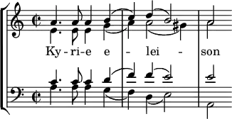 
<<
\new StaffGroup <<
\new Staff { \clef treble \time 2/2 \key a \minor
  \set Staff.midiInstrument = "trombone"
  \relative c'
  << { a'4. a8 a4 b (c) d (b2) a } \\
  { e4. e8 e4 g (a) a2 ( gis4 ) a2 } >>
}
\addlyrics { Ky -- ri -- e e -- _ lei -- _ _ son }
\new Staff { \clef bass \key a \minor \set Staff.midiInstrument = "trombone"
  \relative c'
  << { c4. c8 c4 d (f) f (e2) e } \\
  { a,4. a8 a4 g (f) d (e2) a, } >>
}
>>
>>
\layout { indent = #0 }
\midi { \tempo 4 = 120 }
