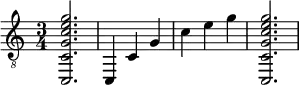 {
\clef "treble_8"
\time 3/4
<c, c g c' e' g'>2.
<c, >4
<c >4
<g >4
<c' >4
<e' >4
<g' >4
<c, c g c' e' g'>2.
}