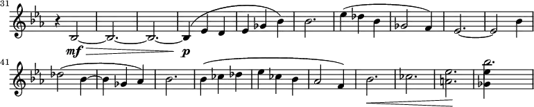 
\relative c' \new Staff \with { \remove "Time_signature_engraver" } {
  \key es \major \clef "treble"
  \set Staff.midiInstrument = "violin"
  \set Score.tempoHideNote = ##t \tempo 4 = 76
  \set Score.currentBarNumber = #31 \bar ""
  \time 3/4
  r4 bes2\mf\> ~ | bes2. ~ | bes ~ | bes4\p( es d | es ges bes) | bes2. |
  es4( des bes | ges2 f4) | es2. ~ | es2 bes'4 |
  des2( bes4 ~ | bes ges as) | bes2. |
  \override Hairpin #'to-barline = ##f
  bes4( ces des | es ces bes | as2 f4) | bes2.\< | ces | <a es'>\! | << \stemDown <ges es'>4 \\ bes'2. >> |
}
