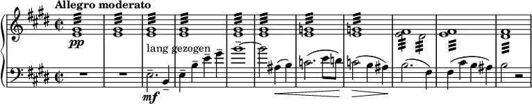 
{ \new PianoStaff << % This score generates several LilyPond warnings.
  \new Staff <<
    \new Voice { \set Score.tempoHideNote = ##t \tempo "Allegro moderato" 2 = 60
  \clef "treble" \key e \major \set Staff.midiInstrument = #"piano" \relative e \time 2/2 | % 1
  s1*8 | % 9
  \stemDown e'2 :32 dis'2 :32 s1*2 } % Warning: conflict with event: `tremolo-event'
  \new voice { \relative e % Warning: cannot create context: voice
  \clef treble | % 1
  \stemUp <e' gis'>1 \pp :32 | % 2
  <e' gis'>1 :32 | % 3
  <e' gis'>1 :32 | % 4
  <e' gis'>1 :32 | % 5
  <e' gis'>1 :32 | % 6
  <e' gis'>1 :32 | % 7
  <e' g'>1 :32 | % 8
  <e' g'>1 :32 | % 9
  fis'1^ :32 | \barNumberCheck #10 % Warning: maybe input should specify polyphonic voices; Warning: adding note head to incompatible stem; Warning: discarding event: `tremolo-event'
  <e' fis'>1^ :32 | % 11
  <dis' fis'>1 :32 } >>
\new Staff \relative e { \set Staff.midiInstrument = #"piano" \key e \major \clef bass \time 2/2
  R1*2 | % 3
  e2. \mf ^"lang gezogen" -- b4 -- | % 4
  e4 -- b'4 -- e4 -- gis4 -- | % 5
  b1 ~ -- | % 6
  b2 ais,4 \< ( b4 ) | % 7
  c2. ( e8 d8 ) | % 8
  c2 \! \> ( b4 ais4 ) | % 9
  b2. \! ( fis4 ) | \barNumberCheck #10
  fis4 ( cis'4 b4 ais4 ) | % 11
  b2 r2 }
>> }
