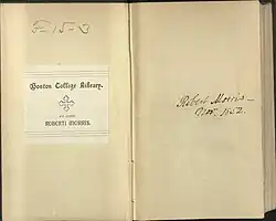 Bookplate that says Boston College Library Ex Dono Roberti Morris, and signature of Robert Morris with the date 1852
