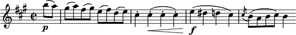 \relative b'' {
\key a \major \time 2/2
\partial 4 b8( \p a) | gis( a) fis( gis) e( fis) d( e)
cis4-. cis-.( \< cis-. cis-.) | e4( \f dis d cis)
\acciaccatura cis8 b( a b cis) b4
}