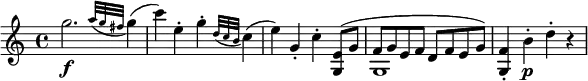 \relative g'' {
\key c \major \time 4/4
g2. \f \appoggiatura { a32 g fis } g4(
c4) e,-. g-. \appoggiatura { d32 c b } c4(
e4) g,-. c-. << \new Voice { \slurUp <e, g,>8( g | f8 g e f d f e g) }
\new Voice { s4 | g,1 } >>
<f' g,>4-. b-. \p d-. r
}