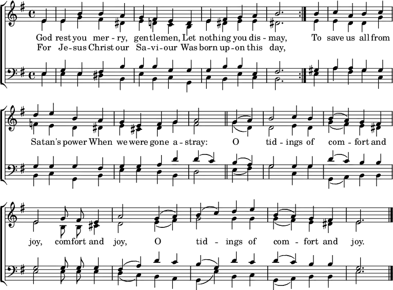 
\header { tagline = ##f }
\layout { indent = 0 \context { \Score \remove "Bar_number_engraver" } }

global = {
  \key e \minor
  \time 4/4
  \partial 4
  \autoBeamOff
}

soprano = \relative c' { \set Staff.midiInstrument = "brass section"
  \global
  \repeat volta 2 { e4 | e b' b a | g fis e
    d | e fis g a | b2. }
  b4 | c a b c | d e b
  a | g e fis g a2 \bar "||"
  g4 (a) | b2 c4 b | b (a) g fis | e2 g8 fis e4 | a2
  g4 (a) | b (c) d e | b (a) g fis | e2. \bar "|."
}

alto = \relative c' {
  \global
  \repeat volta 2 { e4 | e g fis dis | e d! c
    b | e dis e e | dis2. }
  e4 | e d d g | f e d
  dis | e cis d g | fis2 \bar "||"
  g4 (d) | d2 e4 d | g (fis) e dis | e2 b8 b cis4 | d2
  e4 (fis) g2 g4 g | g (fis) e dis | e2. \bar "|."
}

tenor = \relative c {
  \global
  \repeat volta 2 { e4 | g e fis b | b b g
    g | g b b e, | fis2. }
  gis4 | a a g g | g g g
  fis | g g a d | d (c) \bar "||"
  b4 (a) | g2 g4 g | d' (c) b b | g2 g8 g g4 | fis (a)
  d c | b (g) d' c | d (c) b b | g2. \bar "|."
}

bass = \relative c {
  \global
  \repeat volta 2 { e4 | e e dis b | e b c
    g | c b e c | b2. }
  e4 | a fis g c, | b c g
  b | e e d b | d2 \bar "||"
  e4 (fis) | g2 c,4 g' | g, (a) b b | e2 e8 e e4 | d (c)
  b a | g (e') b c | g (a) b b | e2. \bar "|."
}

verse = \lyricmode {
  << { God rest you mer -- ry, gen -- tle -- men,
  Let noth -- ing you dis -- may, }
  \new Lyrics { For Je -- sus Christ our Sa -- vi -- our
  Was born up -- on this day, } >>
  To save us all from Sa -- tan's power
  When we were gone a -- stray:
  O tid -- ings of com -- fort and joy,
  com -- fort and joy,
  O tid -- ings of com -- fort and joy.
}

\score {
  \new ChoirStaff <<
    \new Staff
    <<
      \new Voice = "soprano" { \voiceOne \soprano }
      \new Voice = "alto" { \voiceTwo \alto }
    >>
    \new Lyrics \lyricsto "soprano" \verse
    \new Staff
    <<
      \clef bass
      \new Voice = "tenor" { \voiceOne \tenor }
      \new Voice = "bass" { \voiceTwo \bass }
    >>
  >>
  \layout { }
}
\score { \unfoldRepeats { << \soprano \\ \alto \\ \tenor \\ \bass >> }
  \midi { \tempo 4=160 }
}
