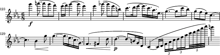 
\relative c''' \new Staff {
  \key es \major \clef "treble"
  \set Staff.midiInstrument = "violin"
  \set Score.tempoHideNote = ##t \tempo 4 = 96
  \set Score.currentBarNumber = #123 \bar ""
  \time 6/8
  g'4\f a8( ~ a g f) | es16( f) g4( ~ g8 es4) | es ges8( ~ ges es b) |
  c8.( d16 es8 ~ es16. c as es) | g4.( ~ g8 c bes) | g( f es) c4. ~ | c bes4\< g'8 |
  \set tupletSpannerDuration = #(ly:make-moment 1 8)
  \set subdivideBeams = ##t
  \override TupletBracket #'stencil = ##f
  g4.\!( ~ g16. es c g) | f4.\<( fis4 d'8 | d4.\p( ~ d8. b16 g d) | c4\<( ~ c16 d \times 2/3 { f as c d f as } \times 4/5 { c32 d f as c) } | b4
}
