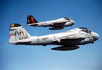 Two A-6E SWIP Intruders painted as CAG Birds for VA-75 and VA-196 in 1996.