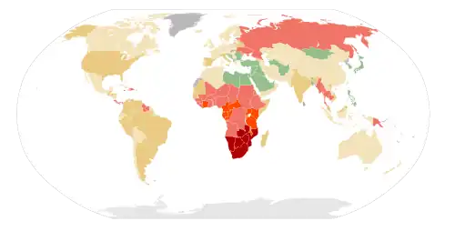 A map of the world where most of the land is coloured green or yellow except for sub Saharan Africa which is coloured red