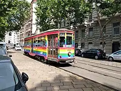 Milan ATM car 1813 in rainbow livery in service in 2022