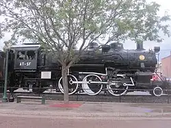 Former Atchison, Topeka, and Santa Fe railroad locomotive on display in Lamar
