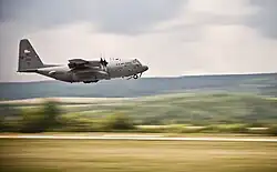 A C-130H Hercules of U.S. Air Force, takes off to perform an airdrop during exercise Slovak Warthog at Sliač Airport