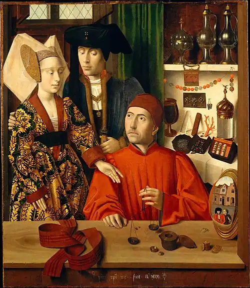 A Goldsmith in his Shop, by Petrus Christus, 1449, in Bruges; a coconut cup to the right of his head.