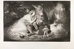 Print depicting Titania leaning on Bottom, a weaver with a magically bestowed ass's head. Within a woodland arbour, fairies and enchanted animals surround them.