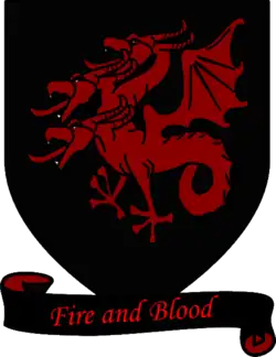 A coat of arms showing a red three-headed dragon on a black field over a scroll reading "Fire and Blood."