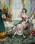 Satirical etching of a woman applying rouge, 1823