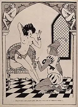 A young man has trouble in finding the right key to fit the padlock on the woman's chastity belt