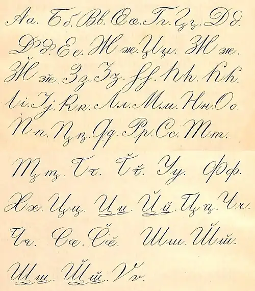 Cursive Abkhaz alphabet of Gulia and Machavariani 1892.
