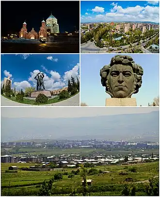 From top left: Surp Hovhannes Church • Abovyan skyline Friendship Square • Khachatur Abovyan's bust General view of Abovyan
