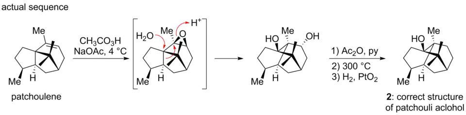 Actual sequence for the synthesis of patchouli alcohol. Contains embedded bicyclo[2.2.2]octane motif.