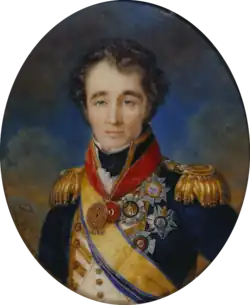 Oval painting of a hatless man with curly hair and thick eyebrows. He wears a blue naval uniform with a white waistcoat, gold sash and epualettes, and a number of decorations.
