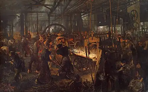 The Iron Rolling Mill; by Adolph von Menzel; 1875; oil on canvas; 153 x 253 cm; Alte Nationalgalerie (Berlin, Germany)[222]