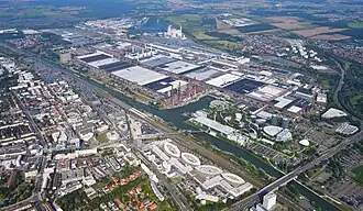 Aerial view of the plant from the southeast, seen here above the Mittelland Canal running from bottom right to top left