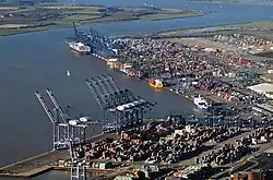 Aerial colour photograph of the Port of Felixstowe
