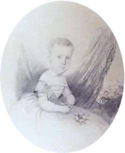 A half-length portrait sketch showing the Prince Imperial as a child in a gown with sash and holding the medal of the Order of the Southern Cross