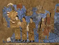 Afrasyab Chinese Embassy (left), carrying silk and a string of silkworm cocoons, and Turkish delegates (right), recognizable by their long plaits.[138][139]