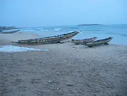 Fishing boats at Mbour, Senegal, constructed along the lines of a large canoe using planks