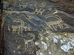 A rock with a goat and a totem depicted on it in Gamigaya area