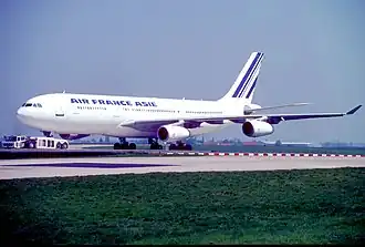 F-GLZD (Airbus A340-211) in the Asie livery, the usual red strip part of the French tricolour is replaced by a blue strip the same colour as the other blue lines.